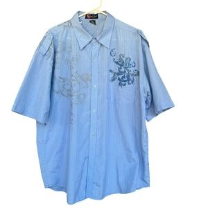 Street Rules Shirt Mens 2XL Blue Graphic Embroidered Short Sleeve Button Up